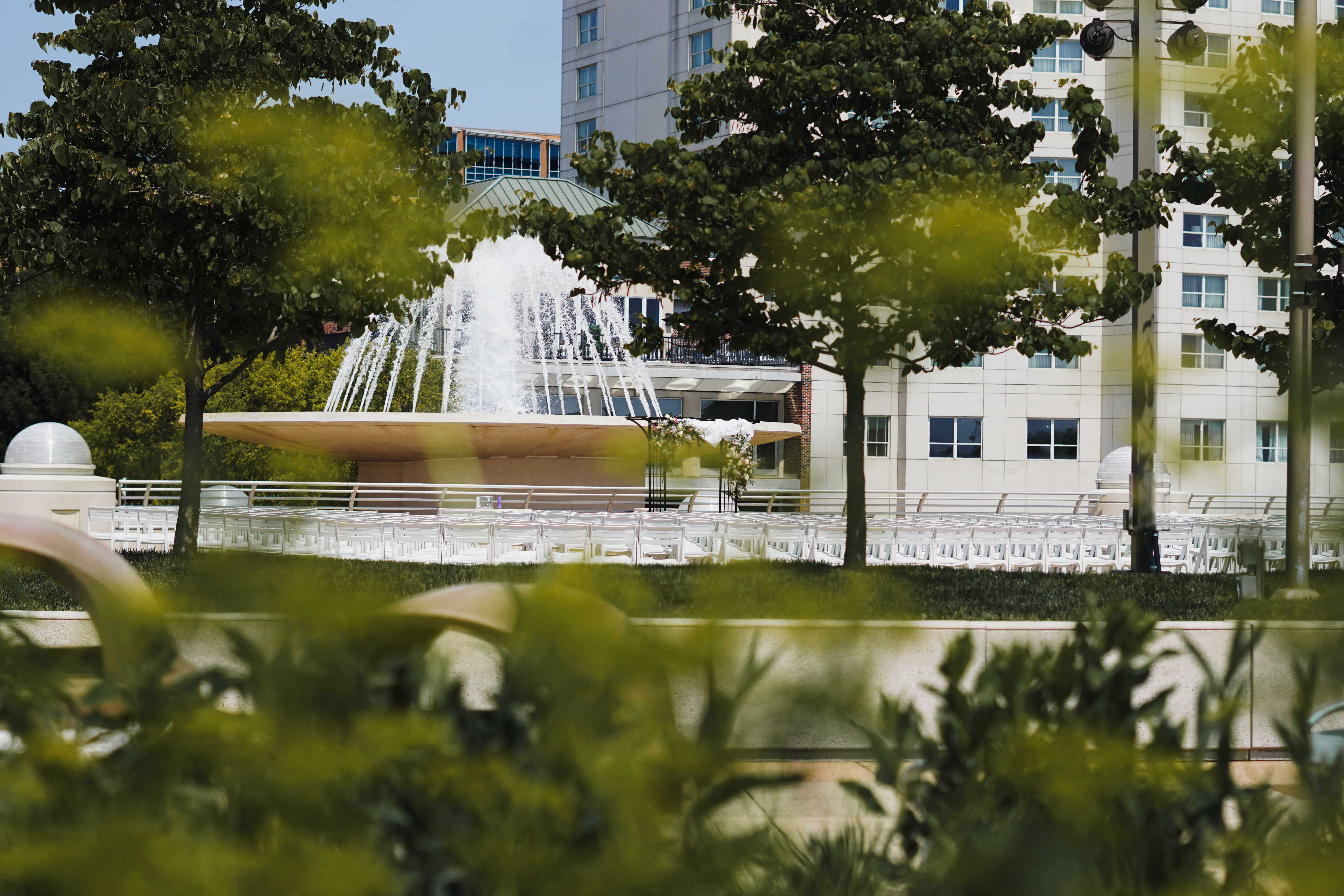 City fountain through greenery